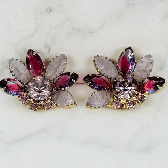 Vintage 1950s Brooch & Clip Earrings Set Amethyst & Frosted Rhinestone Marquise - Picture 4 of 15